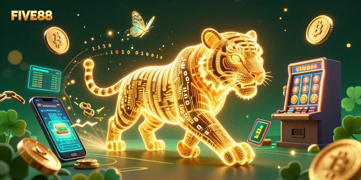 Experience the excitement of FIVE88's digital casino with a golden tiger and glowing crypto elements.