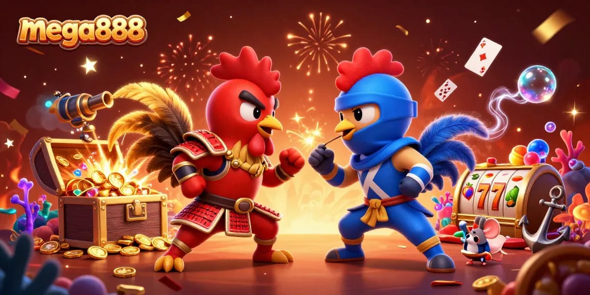 Engage with mega888 slots in a vibrant scene featuring epic rooster duel, treasure, and casino elements.