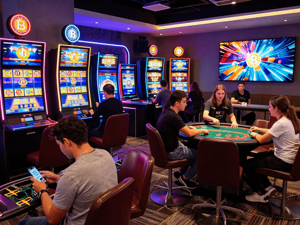 Engaged players enjoying games in a modern crypto casino, showcasing vibrant atmosphere and digital interactions.
