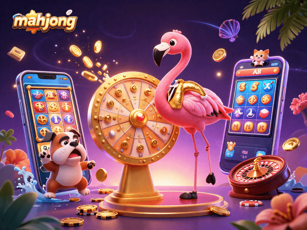 Join the excitement of mahjong with this vibrant casino-themed illustration featuring animated game elements and characters.