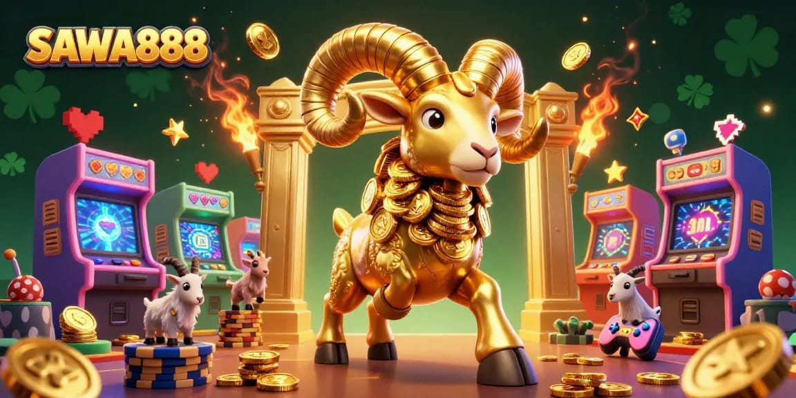 Experience the excitement of SAWA888 with a golden ram charging through vivid arcade game elements in this dynamic illustration.