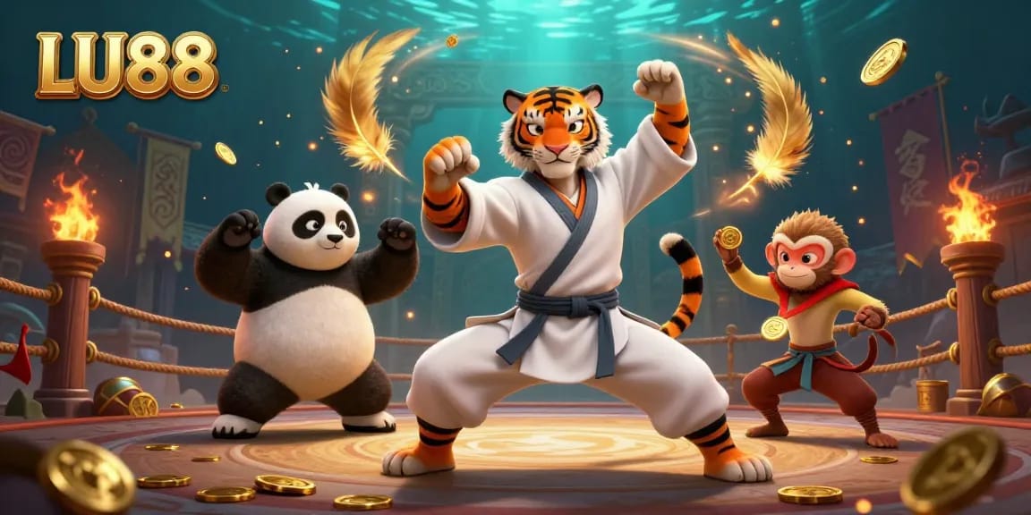 Engage with LU88's vibrant online gaming scene featuring kung fu characters amidst dynamic casino elements.