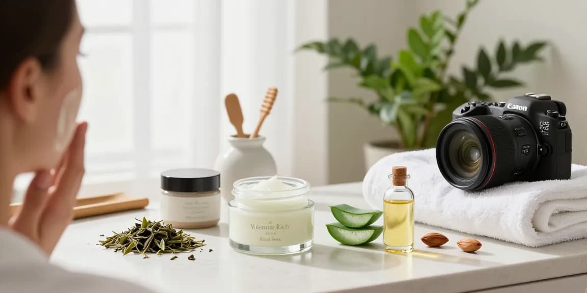 Applying Vitamin Rich Facial Balm in a serene bathroom setting with natural skincare elements.