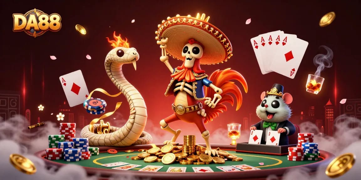DA88 brings excitement to players with a vibrant scene featuring poker elements and lively characters.