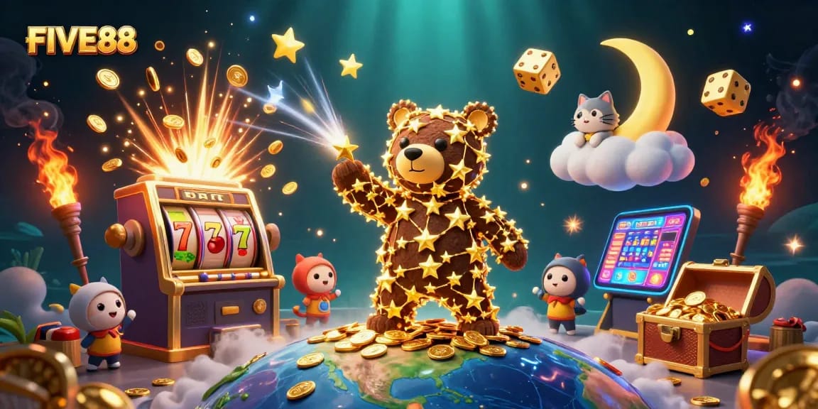 FIVE88 showcases a vibrant 3D casino scene with a constellation bear and explosive slots.