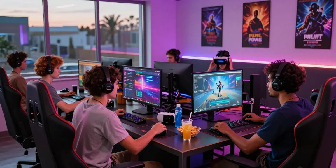 Engaging friends playing online porn games in a colorful gaming lounge.