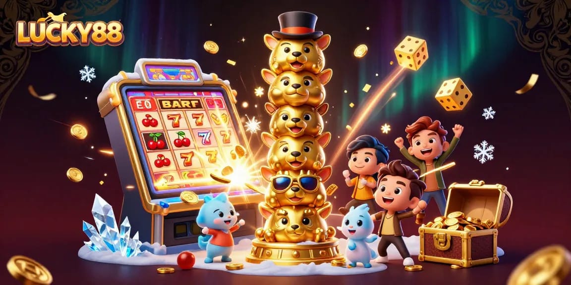 Spin the reels of LUCKY88's vibrant casino world with animated character totems and jackpots bursting