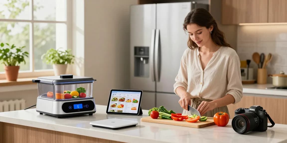 Engaging image of a cook using smart kitchen gadgets to prepare a meal in a modern kitchen.
