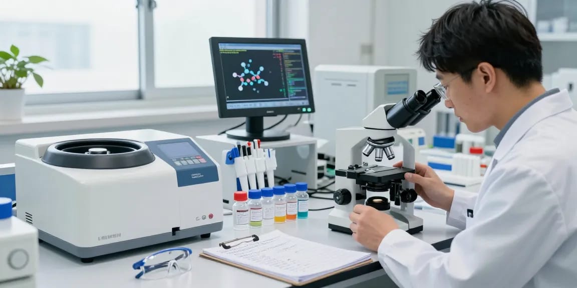 Researcher analyzing GLP-2 TZ research peptide samples in a modern lab.