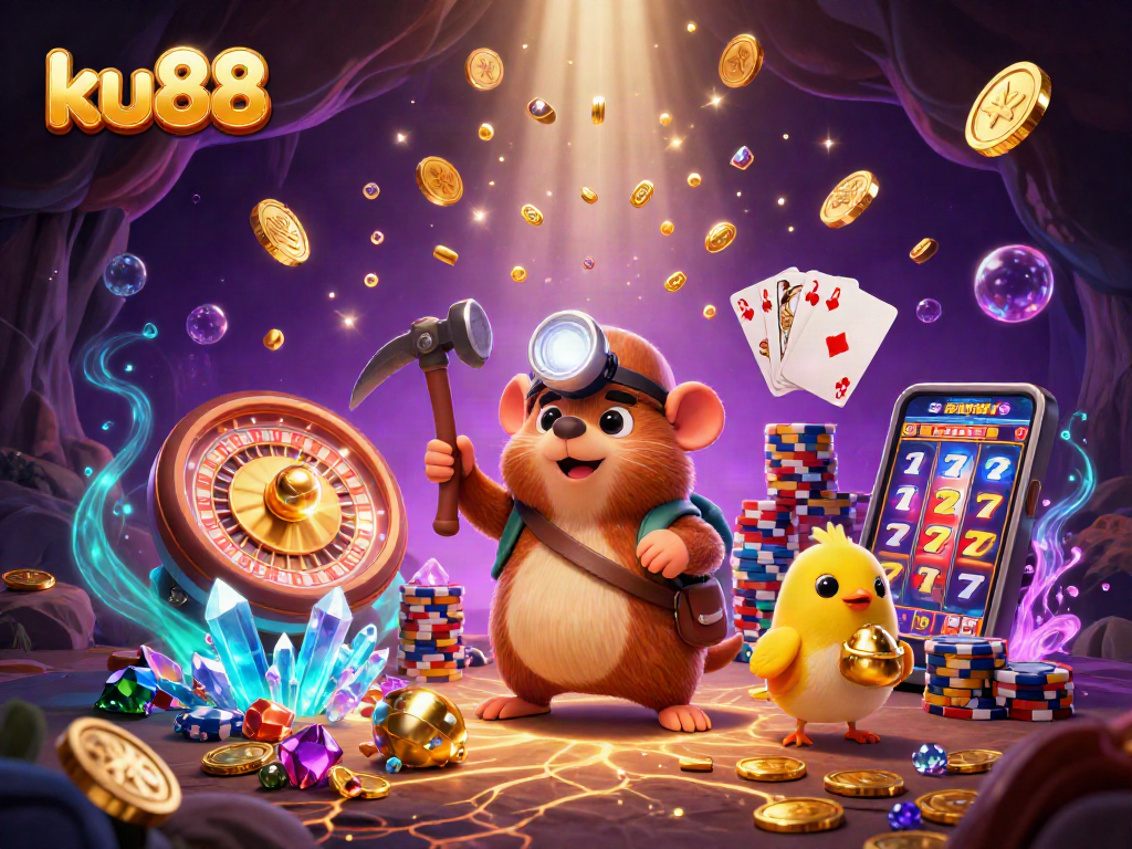 KU88 treasure hunter mole embarks on an exciting adventure in this vibrant casino-themed illustration