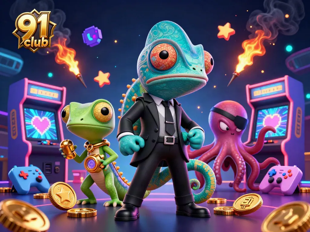 Engage with the thrill of the 91 club in this vibrant 3D casino scene featuring colorful arcade games and unique characters.