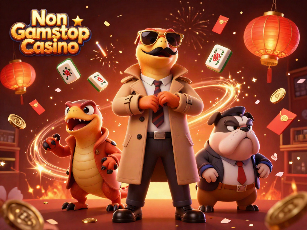 Engage with the Non Gamstop Casino through a humorous 3D scene of raptors in disguise at the entrance.