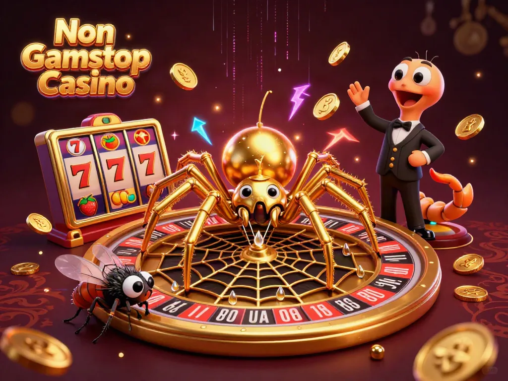 Engage with Non Gamstop Casino excitement through this vibrant 3D casino illustration showing cartoon characters spinning a roulette wheel.