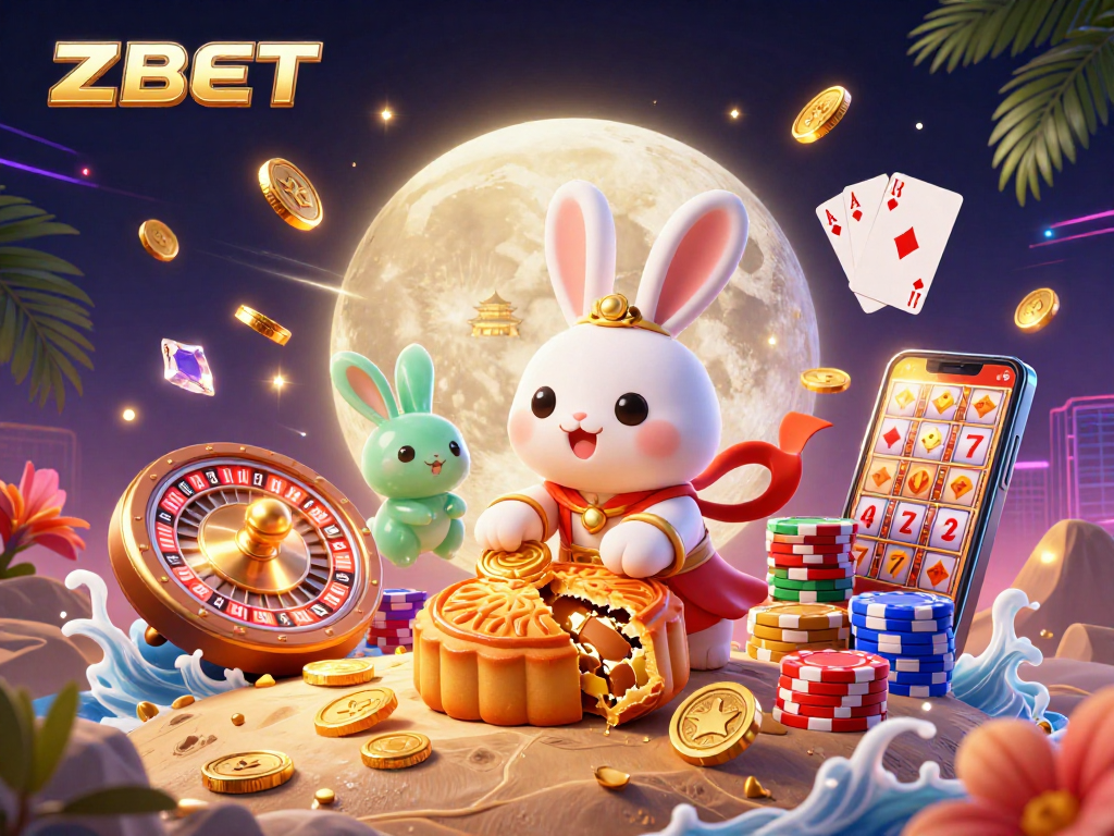ZBET celebrates winning with a lively scene of moon rabbits and casino elements amidst glowing treasures.