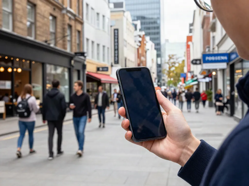 Person exploring address details in an urban street setting, vibrant lifestyle.