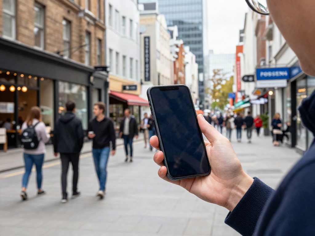 Person exploring address details in an urban street setting, vibrant lifestyle.