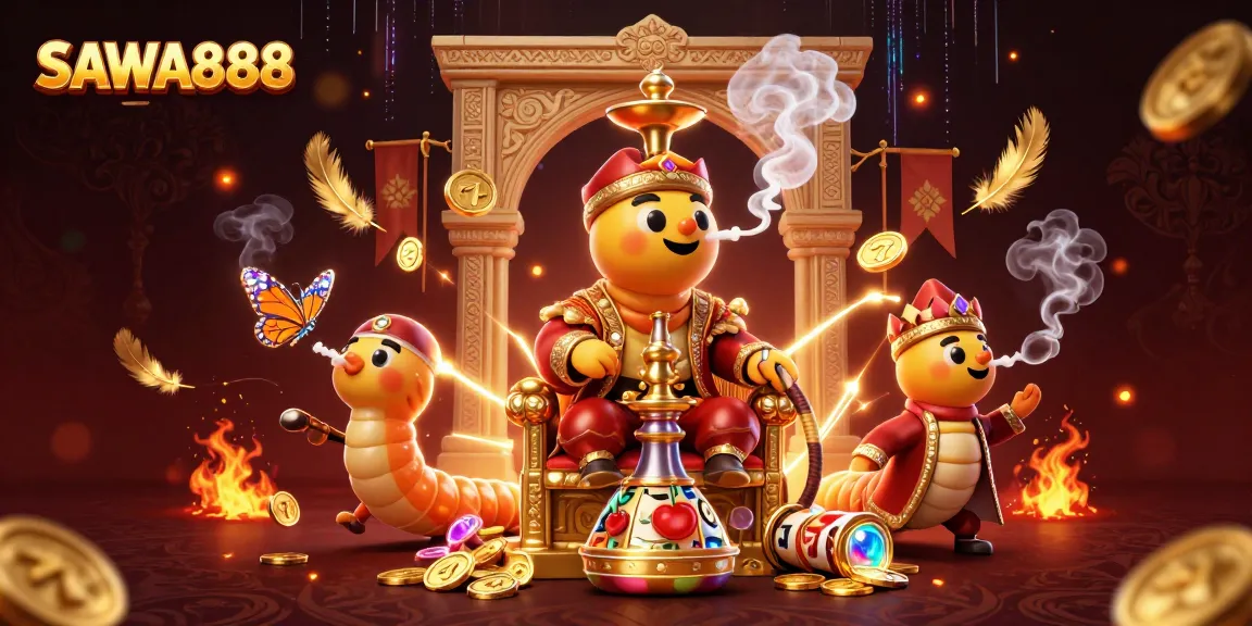 Engage with SAWA888’s vibrant slot gaming scene featuring a hookah-master caterpillar and golden treasures.