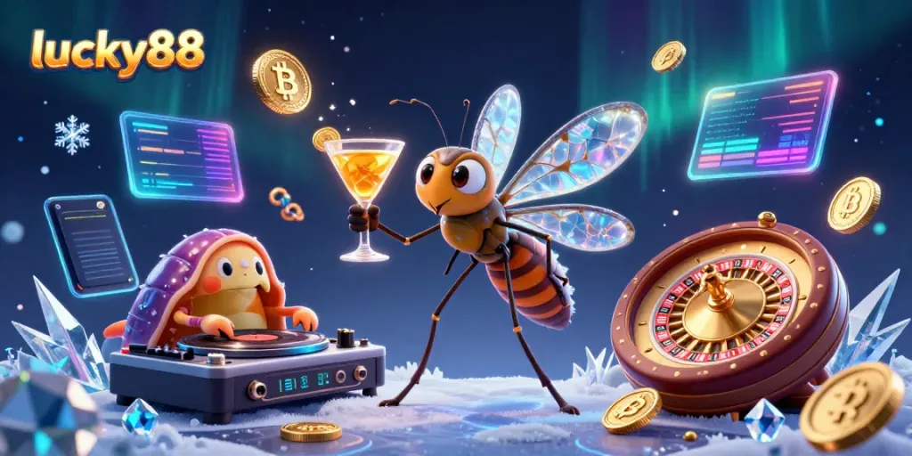 Experience the vibrant gaming world of lucky88 with a whimsical casino mascot and holographic cryptocurrency elements.