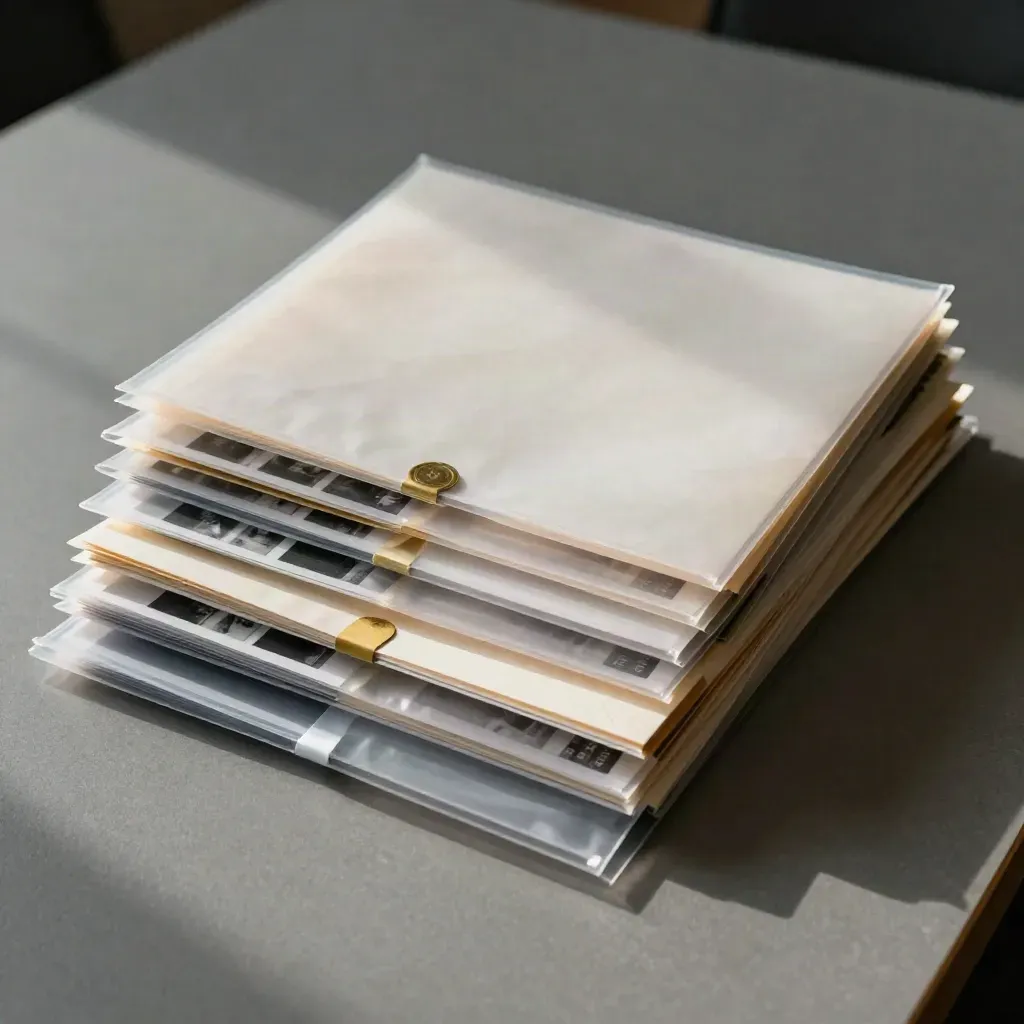 Overhead evidence sleeves and photo packs on an ash-grey conference table with a gold seal