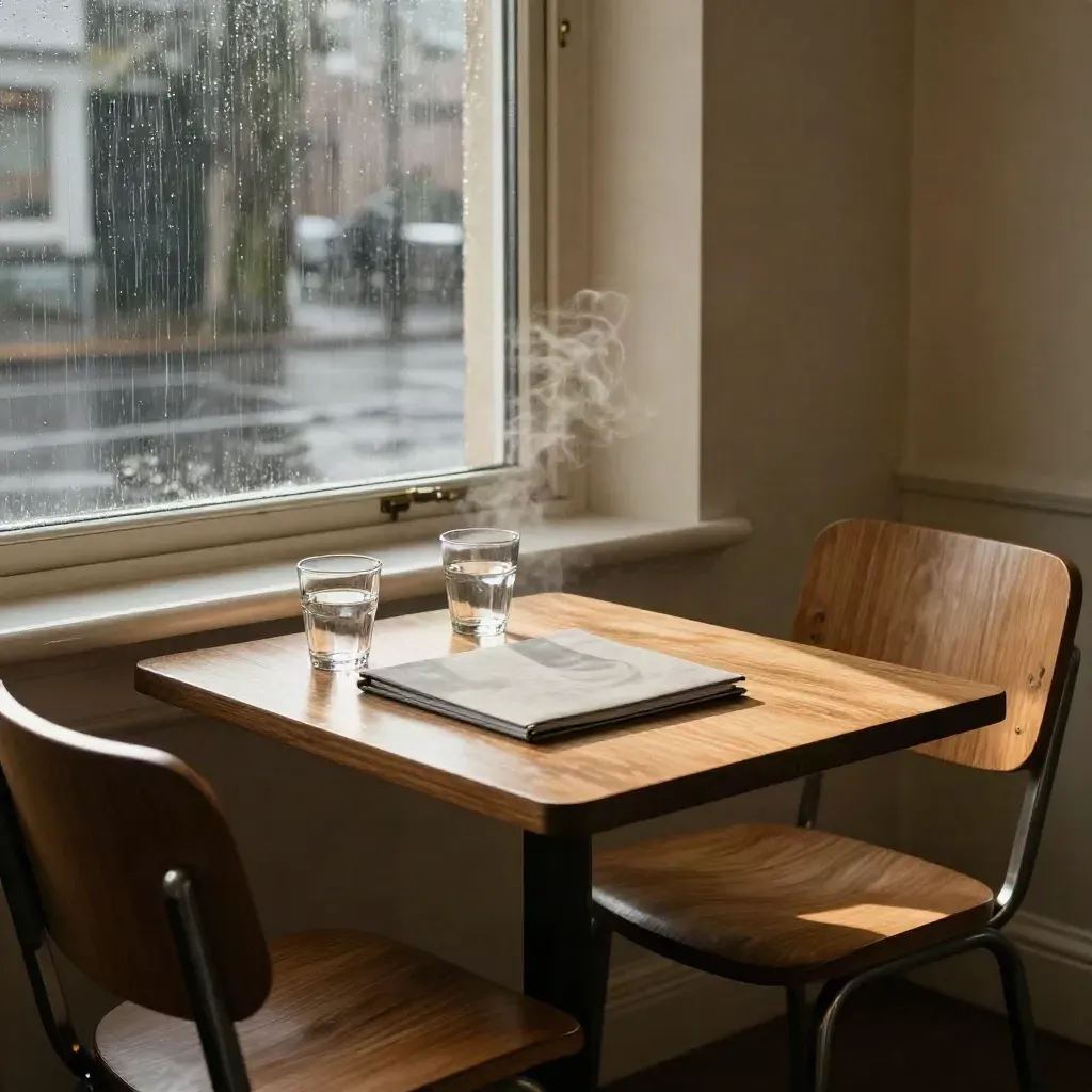 Empty settlement table by a rain-streaked window with folder, two glasses and warm light.