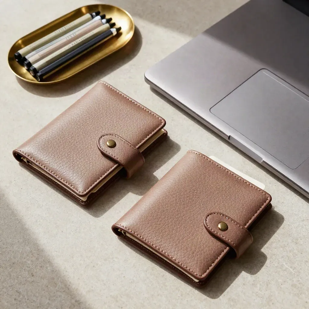 Top-down case review flat lay with wallets, laptop and brass tray on pale stone