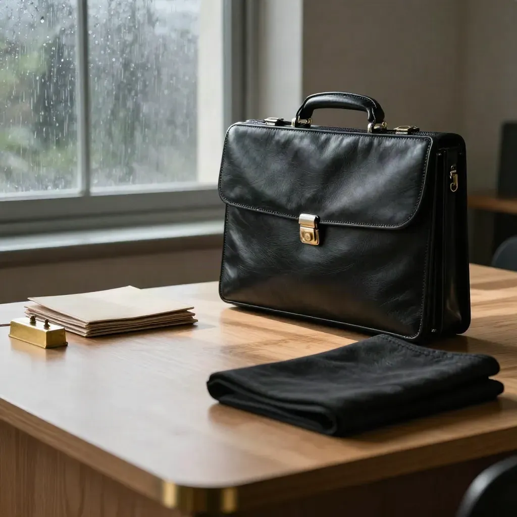 Black litigation briefcase, brass paperweight and robe cloth on oak desk in dawn rain haze.