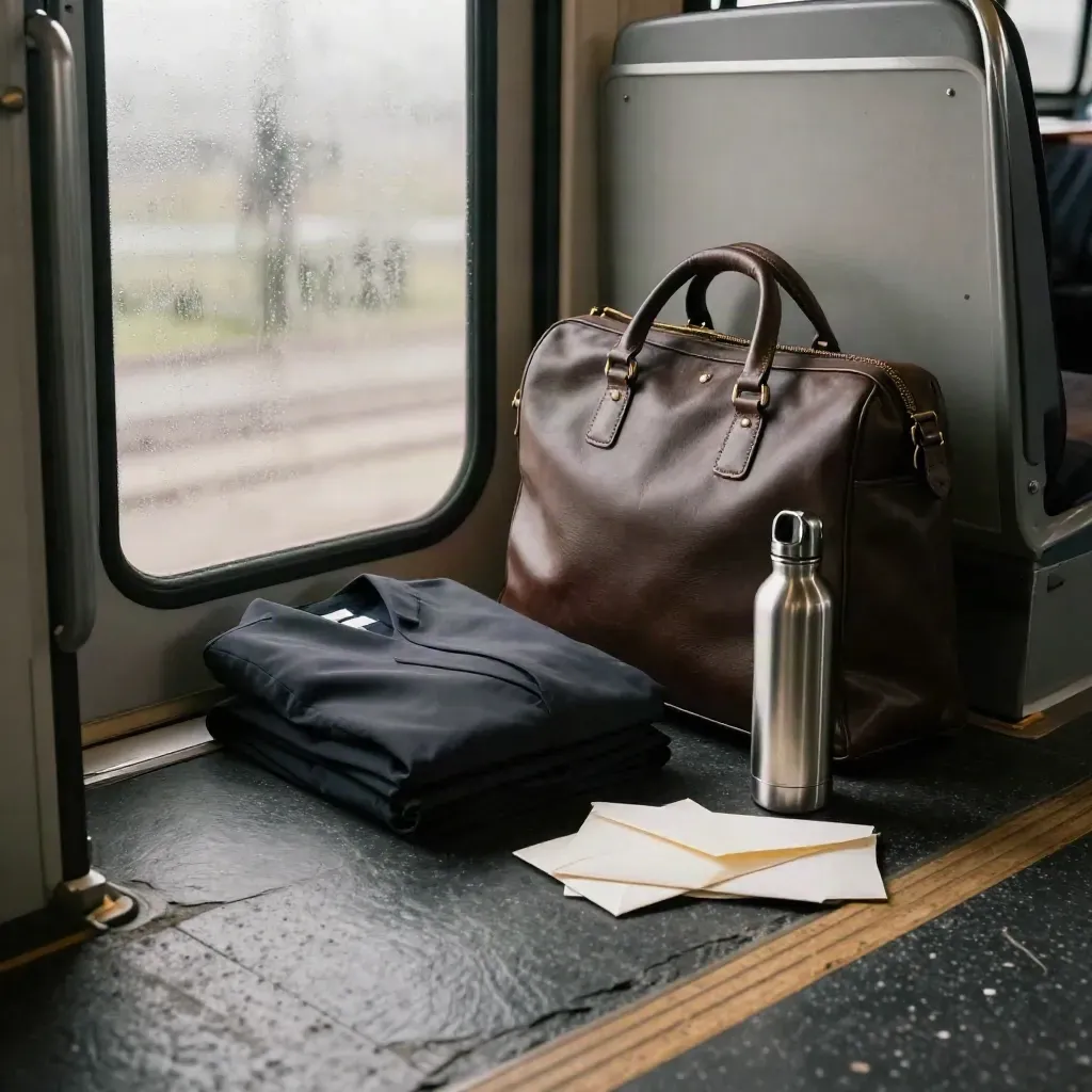Legal prep bag, gown cover, bottle and sealed envelopes by a fogged doorway