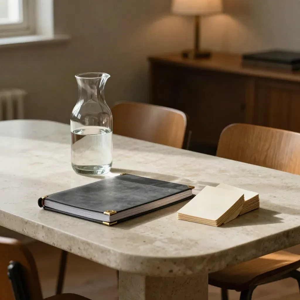 Witness-prep table with empty chairs, glass water jug, closed binder, and blank cards in soft lamplight.