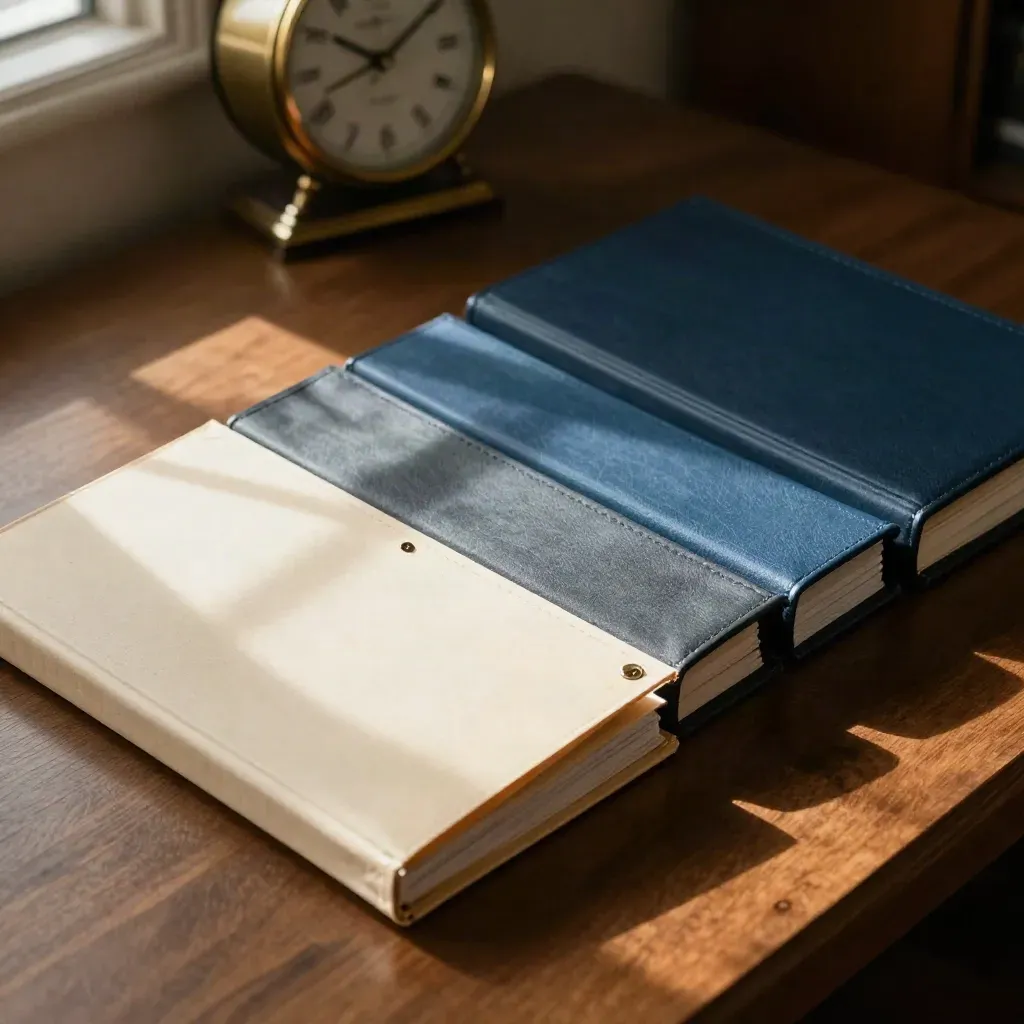 Six closed legal folders step across a walnut desk beside a blurred wall clock in warm afternoon light.