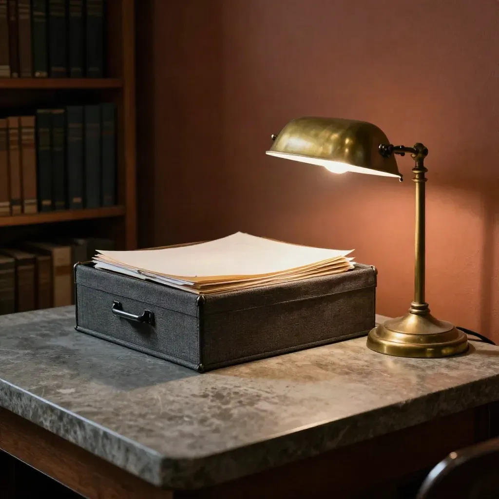 Brass lamp, closed case box, and folders in a moody legal library corner