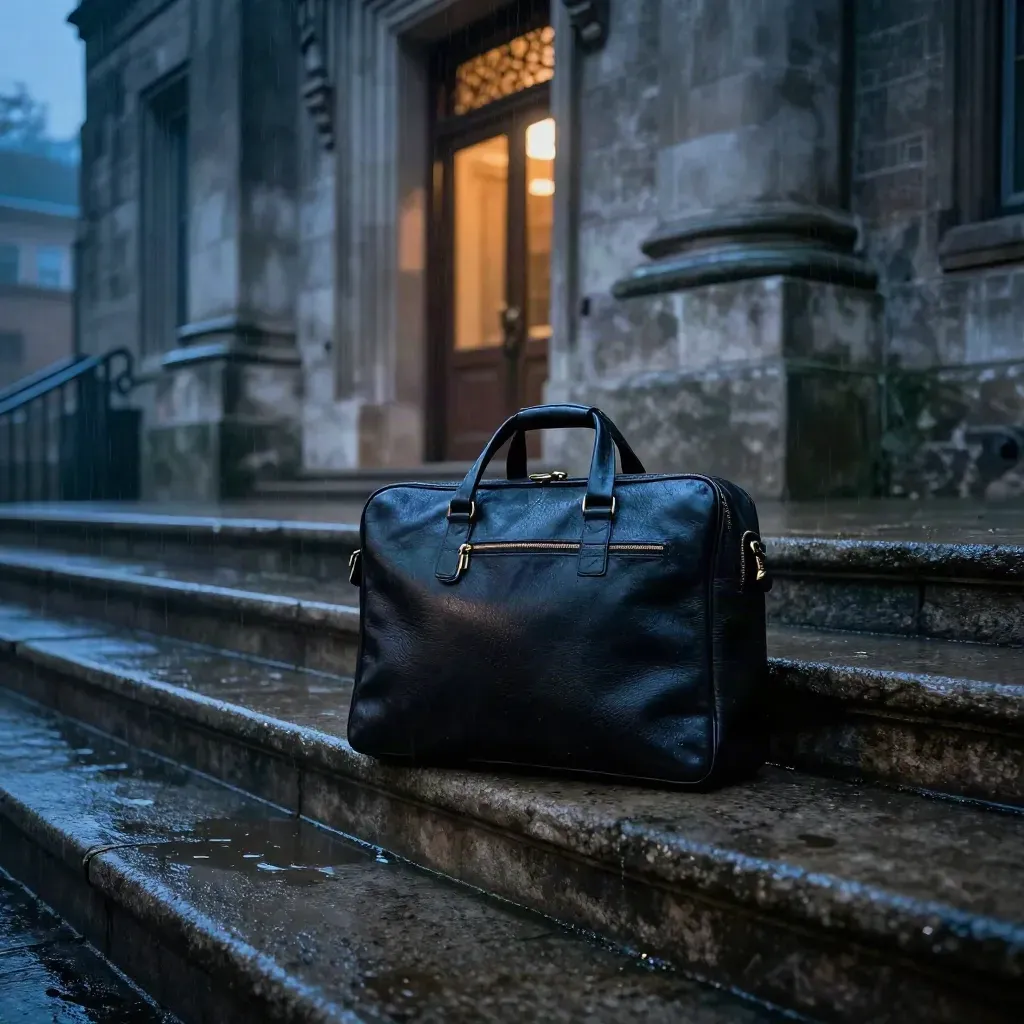 Rain-slick High Court steps with a black case bag and one glowing doorway at blue hour.
