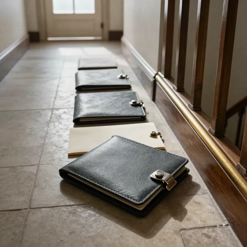 High-angle court corridor with closed file wallets leading to a bright doorway.