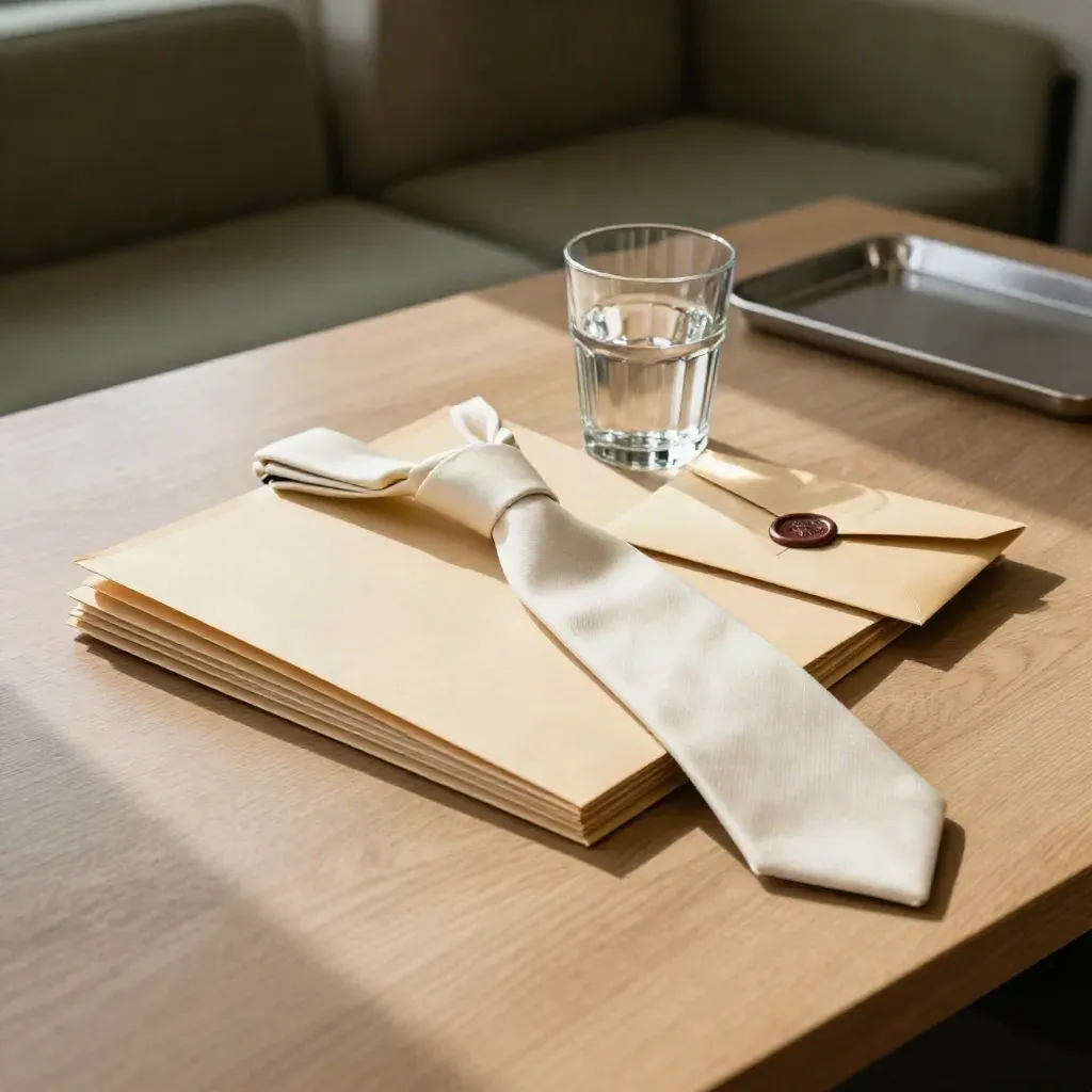 Witness pack, envelope and water glass on a prep table in soft legal-office light.