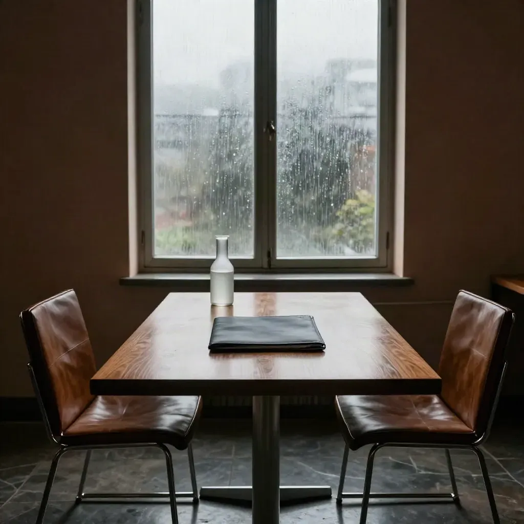 Rainy settlement room with two empty chairs and a closed leather folder
