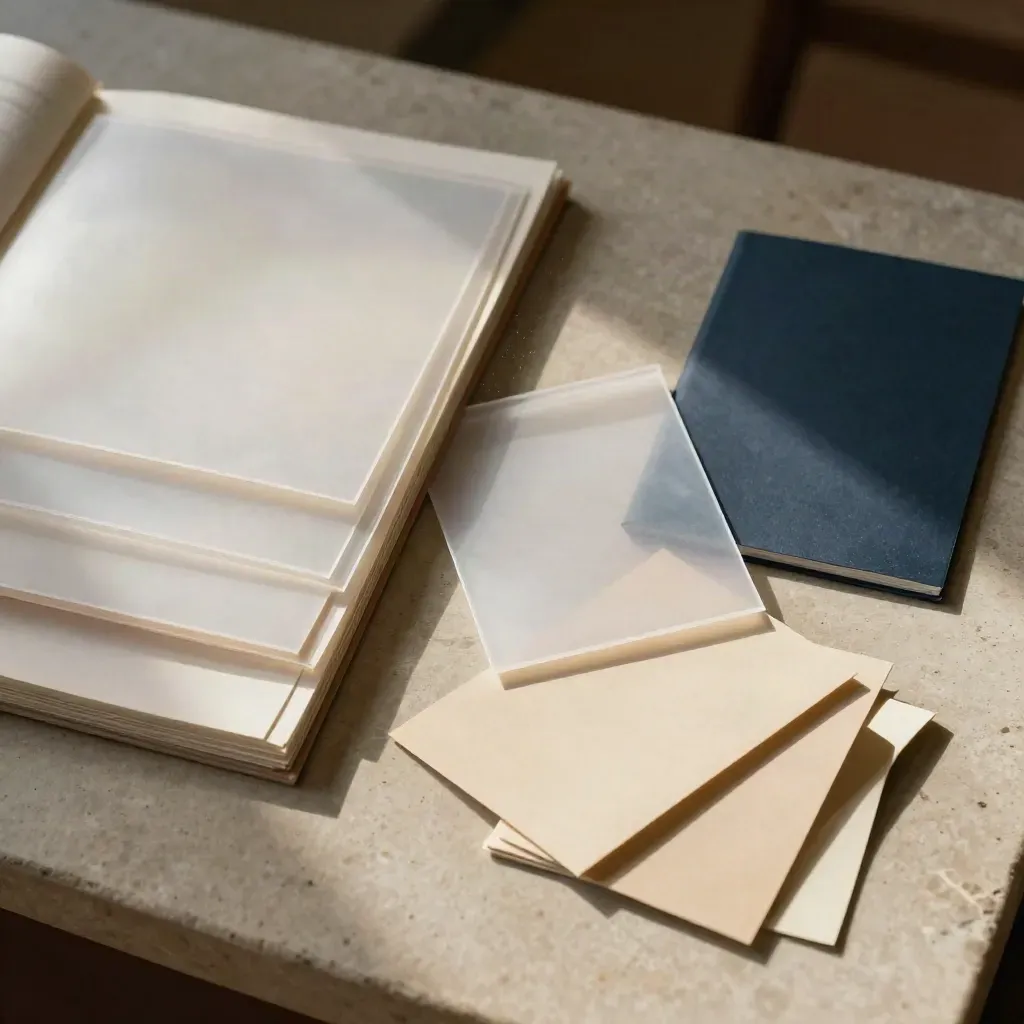 Top-down evidence sleeves and photo packs sorted into keep and discard piles on pale stone.