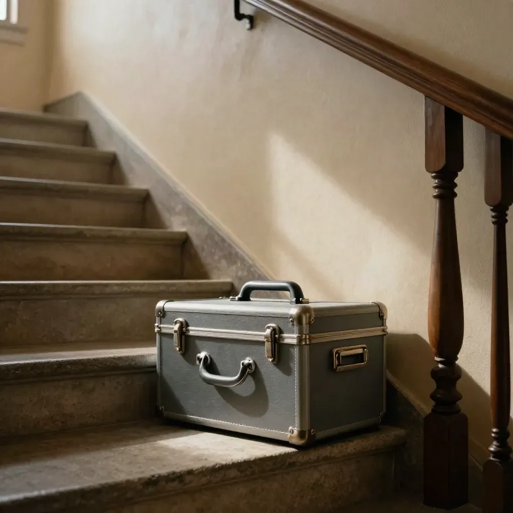 Slate file case on a staircase landing with plaster wall and shadowed banister