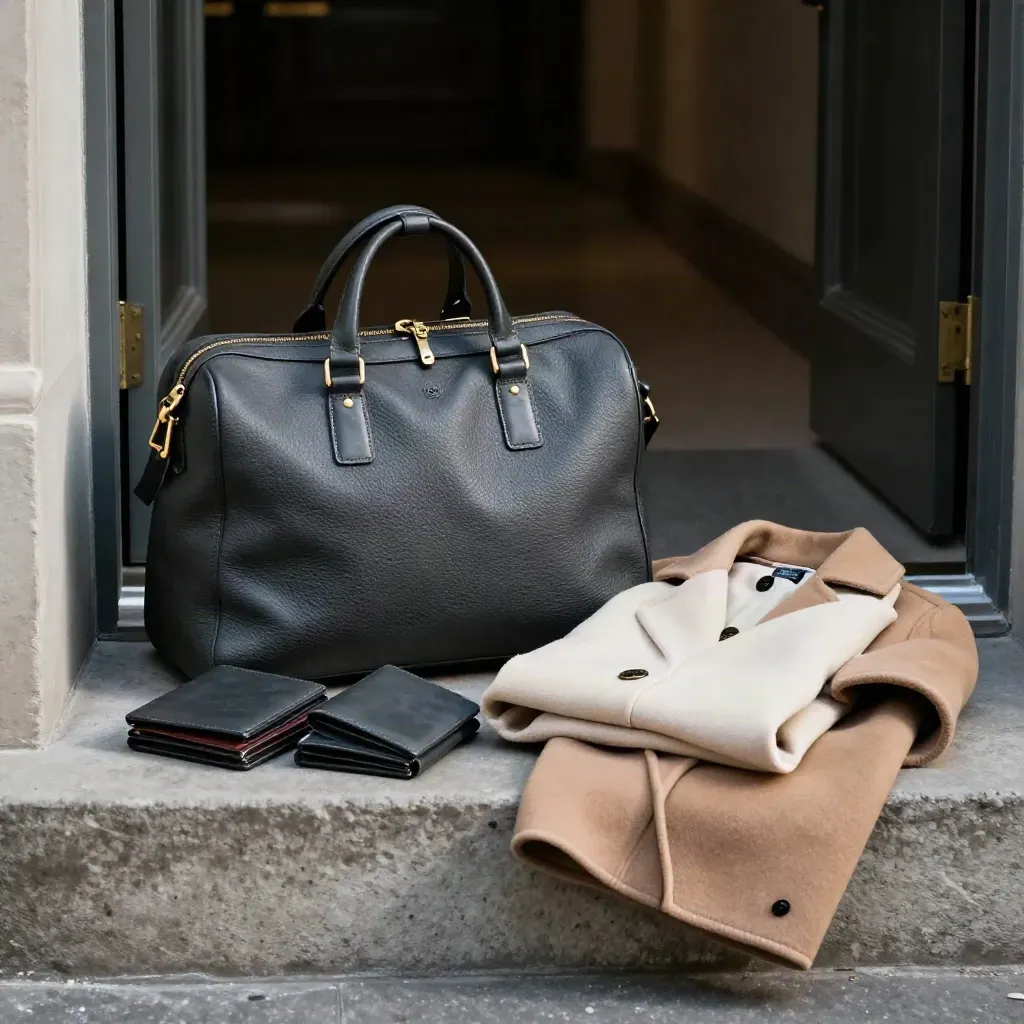 Court bag, three case wallets and a folded coat poised in a courthouse doorway.