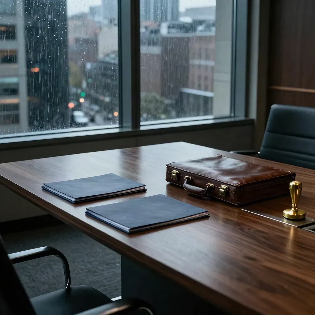 Rainlit legal conference table with folders, briefcase and brass stamp.