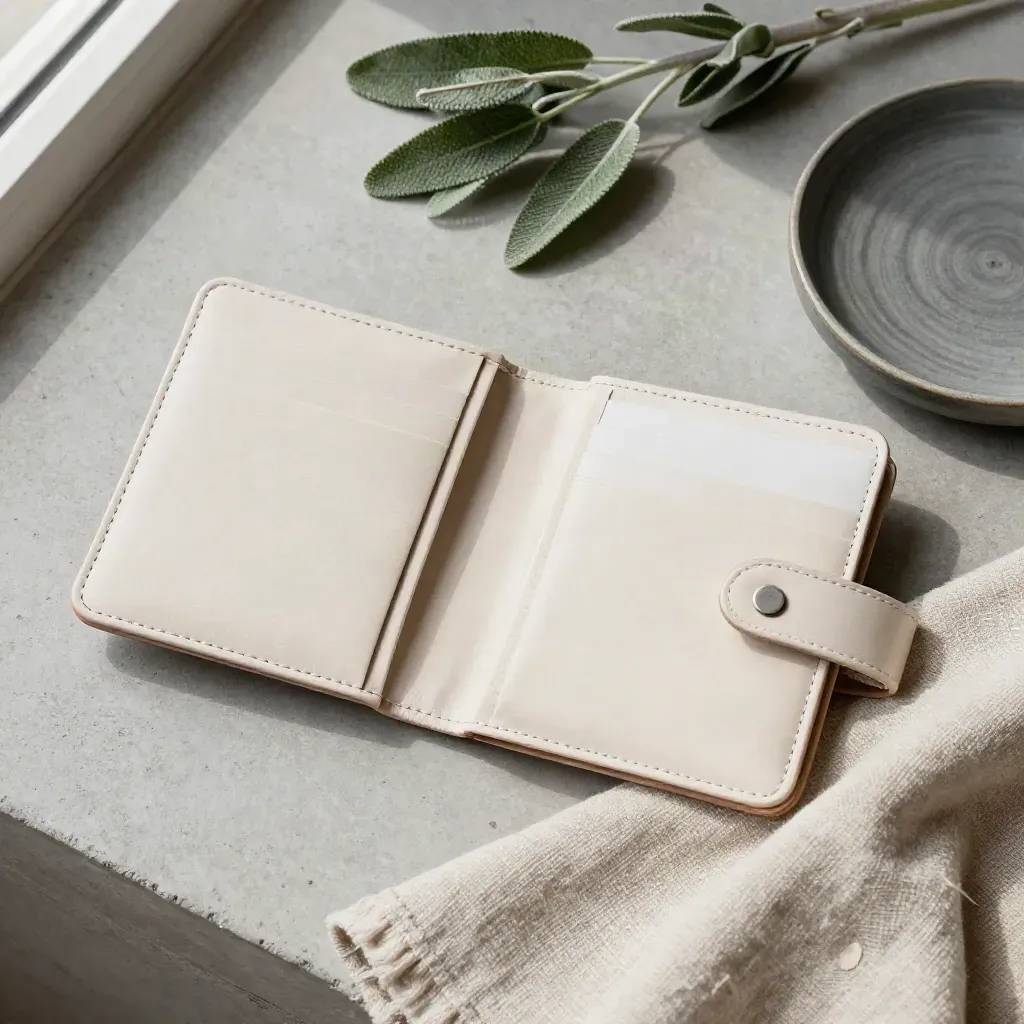 Overhead legal flatlay: cream accordion case wallet, linen cloth, plant, and slate dish on stone.