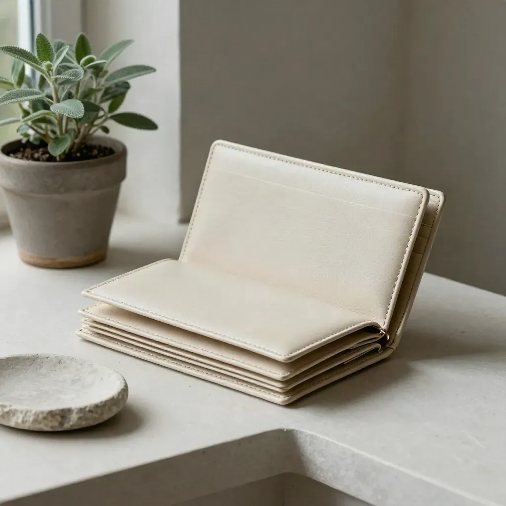 Appeal file wallets, potted plant and stone dish on a plaster shelf in soft daylight.