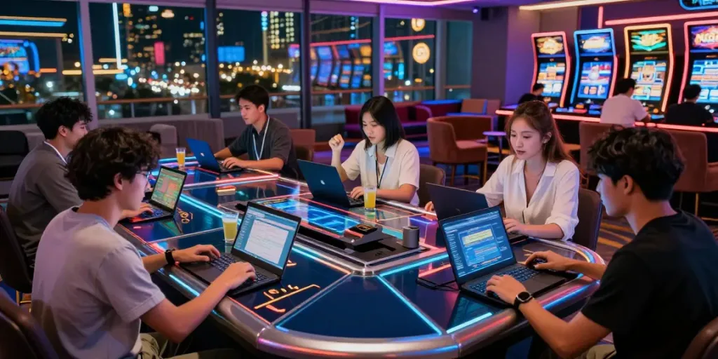 Exciting online credit card casinos scene with diverse players engaging in games, vibrant casino atmosphere.