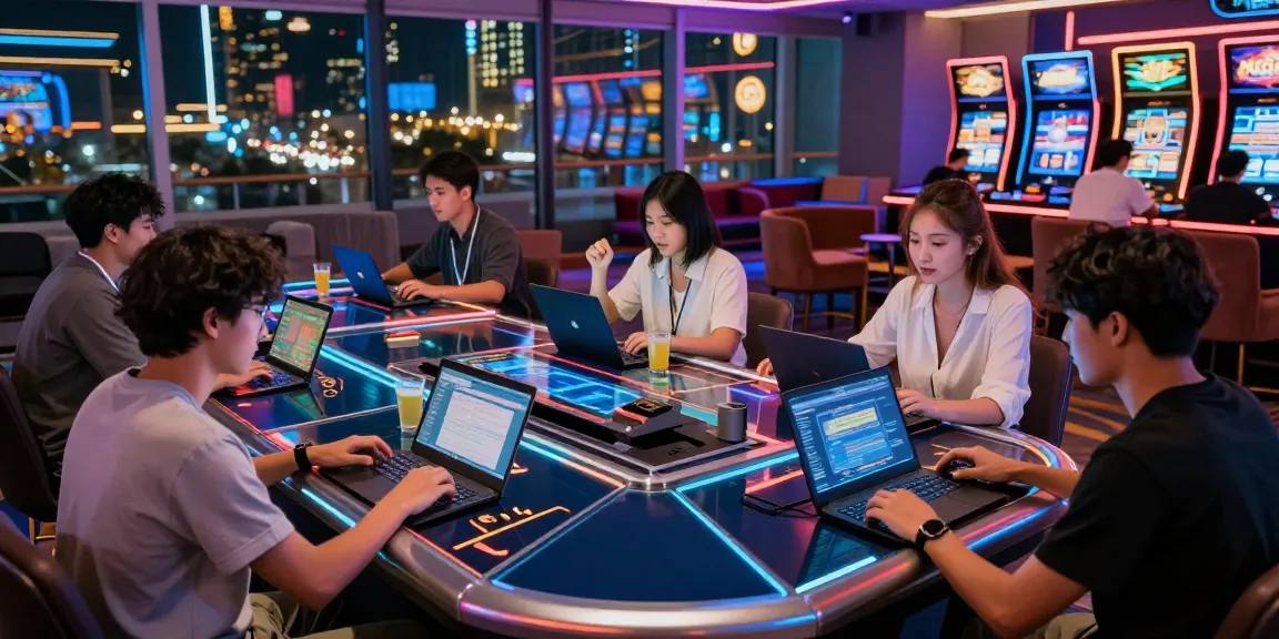 Exciting online credit card casinos scene with diverse players engaging in games, vibrant casino atmosphere.