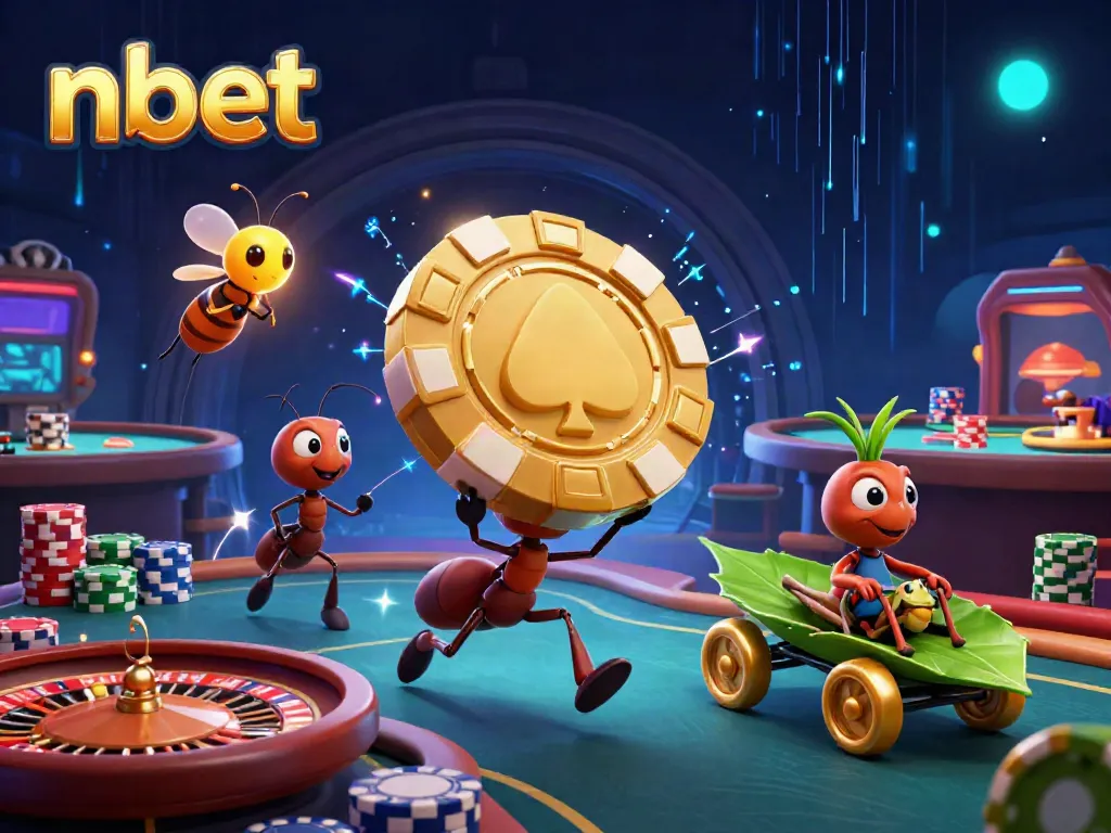 Experience nbet's thrilling casino adventure with 3D ants heisting poker chips.