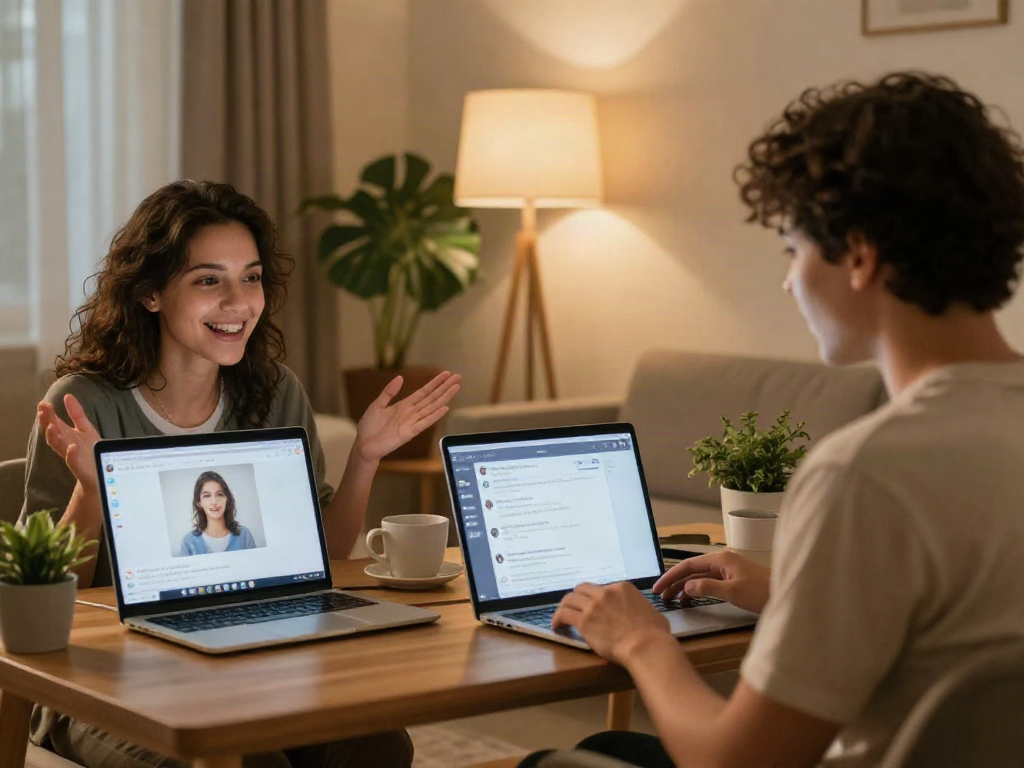Engaging couple enjoying a cozy chat with sex chat AI technology in a warm, inviting setting.