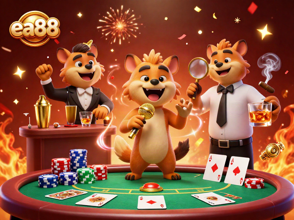 Engage in thrilling casino experiences at ea88 with hyenas hosting a comedy night in a dynamic casino scene.