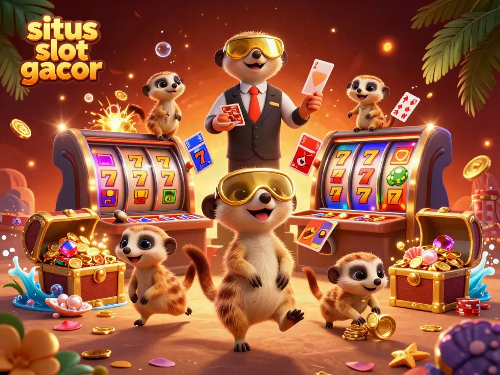 Experience thrilling action at situs slot gacor with playful meerkats taking charge of a lively casino scene filled with excitement.