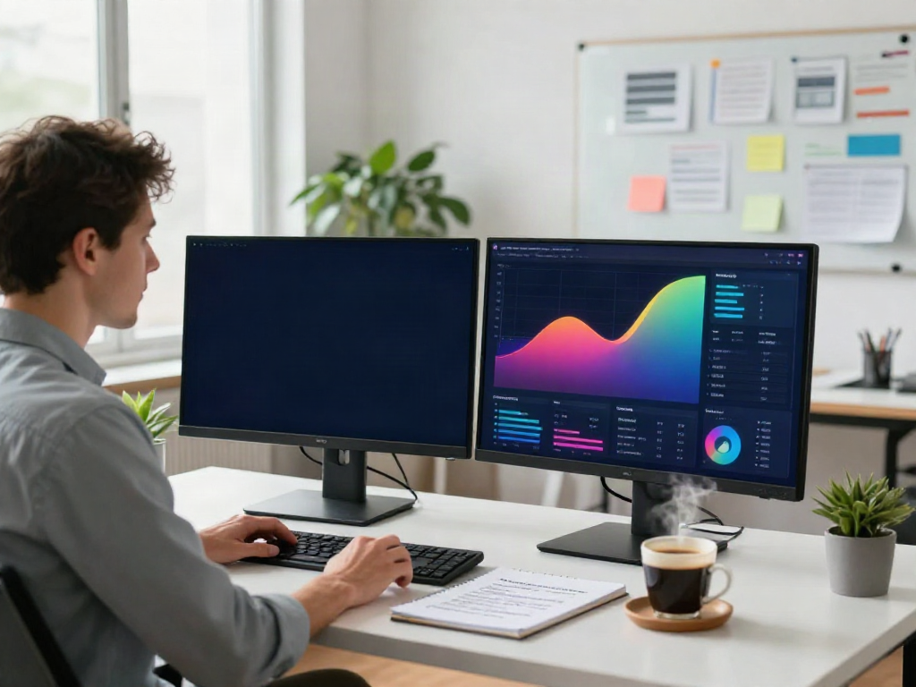 Digital marketing workspace demonstrating instant indexing strategies with analytics displays and a strategist at work.