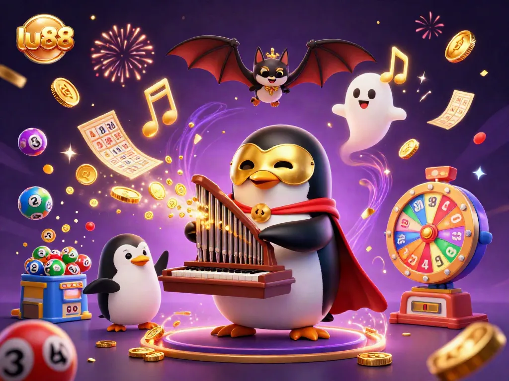 Play exciting games at lu88 with a vibrant 3D casino illustration featuring a penguin and bat acrobat.