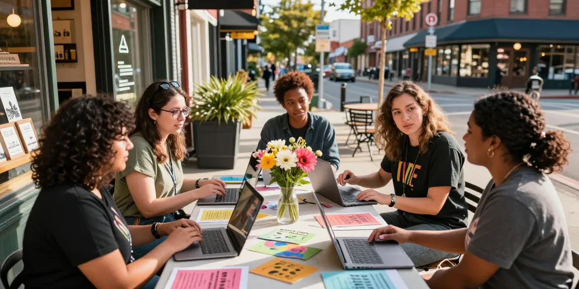 Local business promotion platform scene with diverse owners collaborating in vibrant outdoor setting, showcasing community and entrepreneurship.