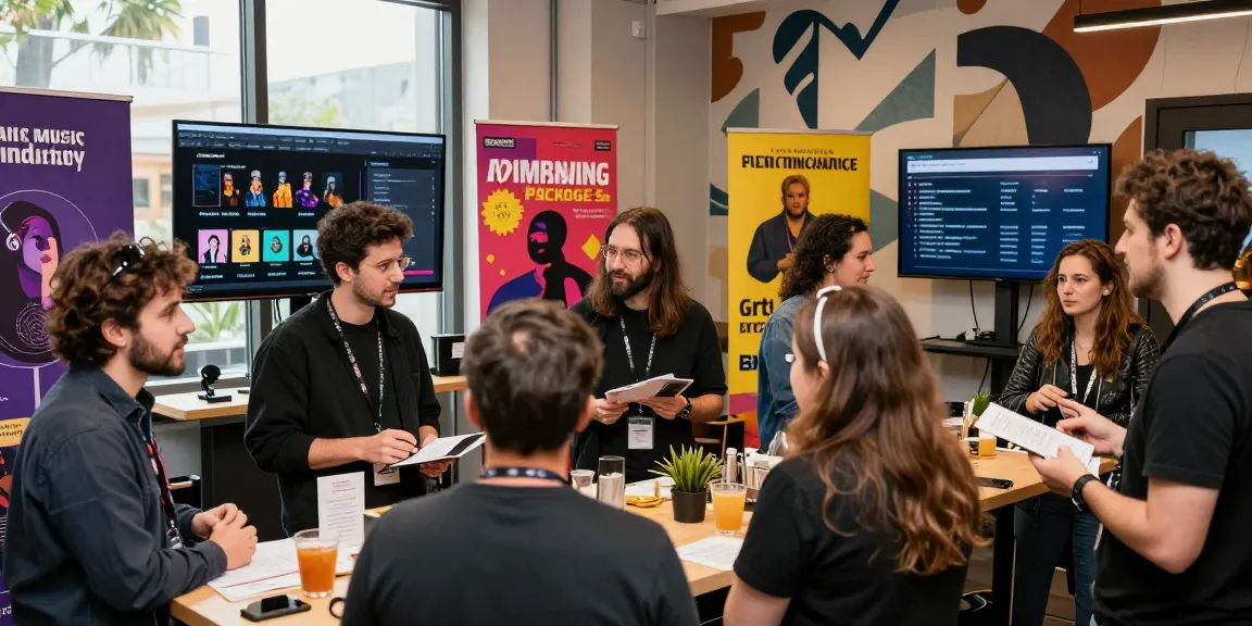 Engaging music industry professionals discussing advertising packages in a vibrant conference setting.